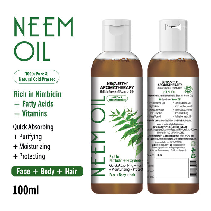 100% Pure & Natural Cold-Pressed Neem Oil for Face, Body & Hair – Moisturizing - Keya Seth Aromatherapy