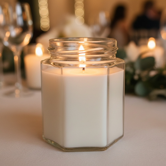 Hexagonal glass jar with a lit candle on a blurred background of people and lights