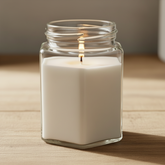 Candle in a clear glass jar on a wooden surface with a neutral background