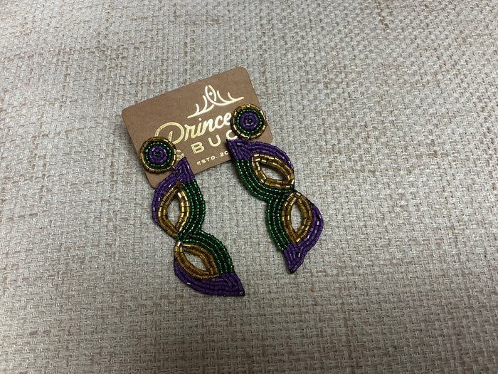 Gold Mardi Gras mask earrings by Camel Threads featuring colorful, festive design and lightweight dangle style.