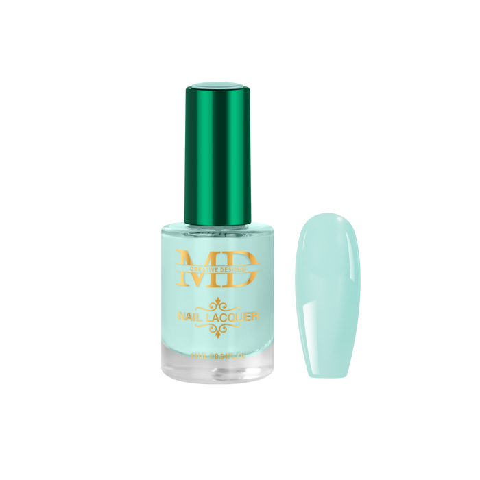 Light blue nail polish bottle with green cap on a white background