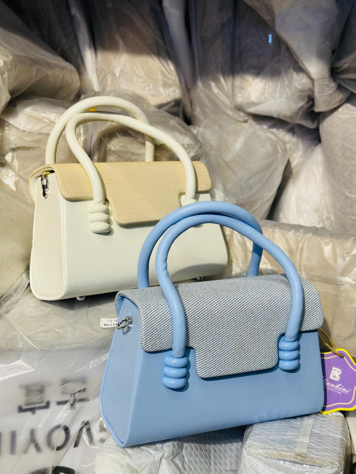 Biankini Mini Top Handle Bag | Denim Tweed Flap | Tubular Arch Handle | Silver Hardware | Baby Blue | Women