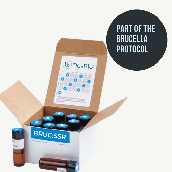BRUC:SSR (formerly Brucella Series Therapy) by DesBio part of the Brucella protocol, series symptom relief, symptoms related to Brucella infection including fever, sweats, malaise, headache, back pain, neck pain, malodorous sweat, peculiar taste in mouth and gut inflammation