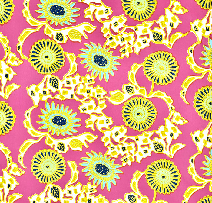 China Seas Fabric: Flora II - Custom Pink / Yellow / Green / Blue on White Cotton Sateen