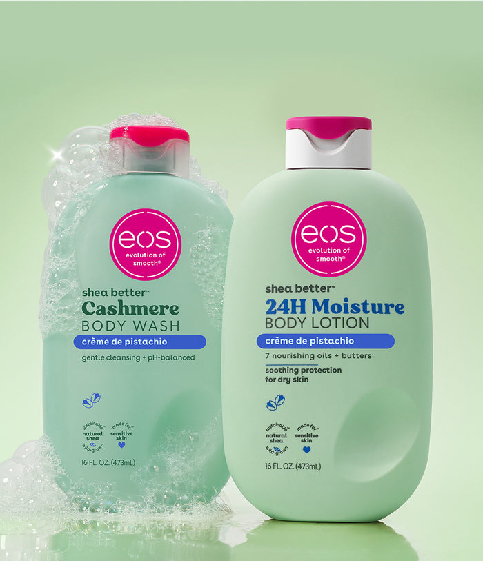Two EOS body products, a body wash and lotion, on a green background.