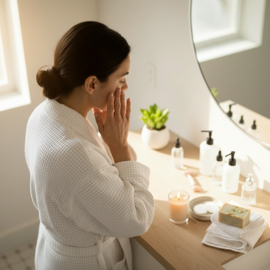 Woman in a white robe applying skincare product in a bathroom.