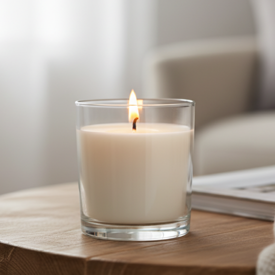 Candle in a glass holder on a wooden table with a blurred background