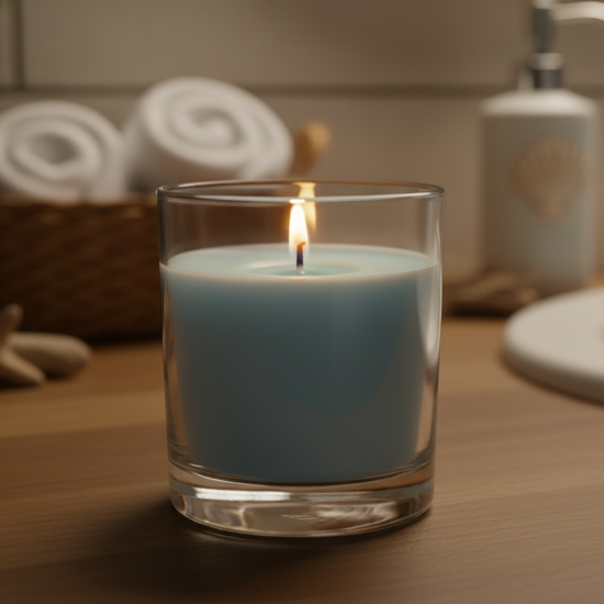 Glass candle with a lit wick on a wooden surface, with bathroom items in the background.