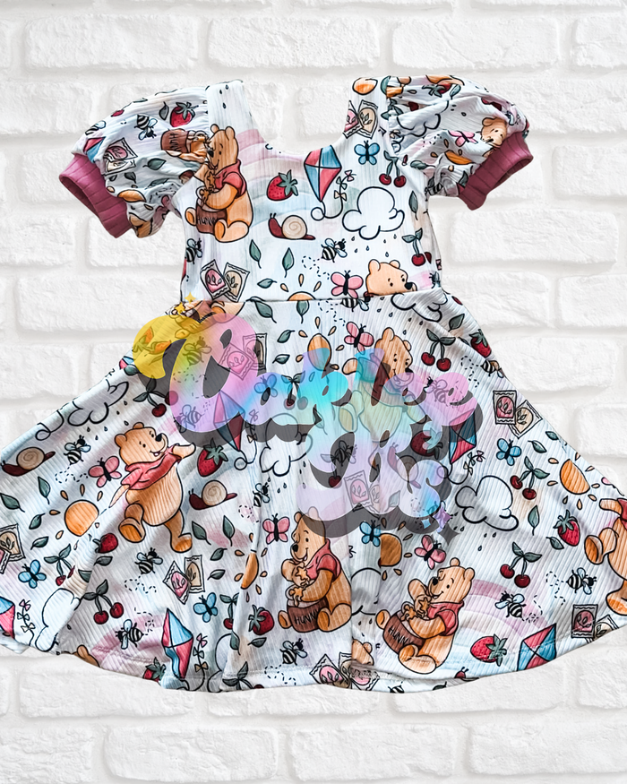 Honey Bear puff short sleeve knee length brielle dress with attached bummies