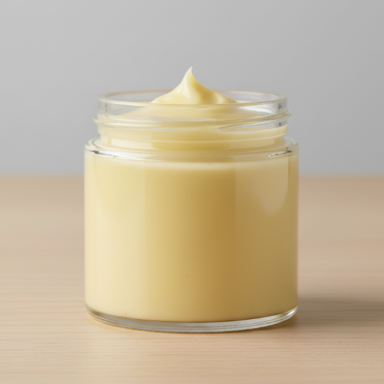 Jar of yellow cream on a beige surface with a gray background