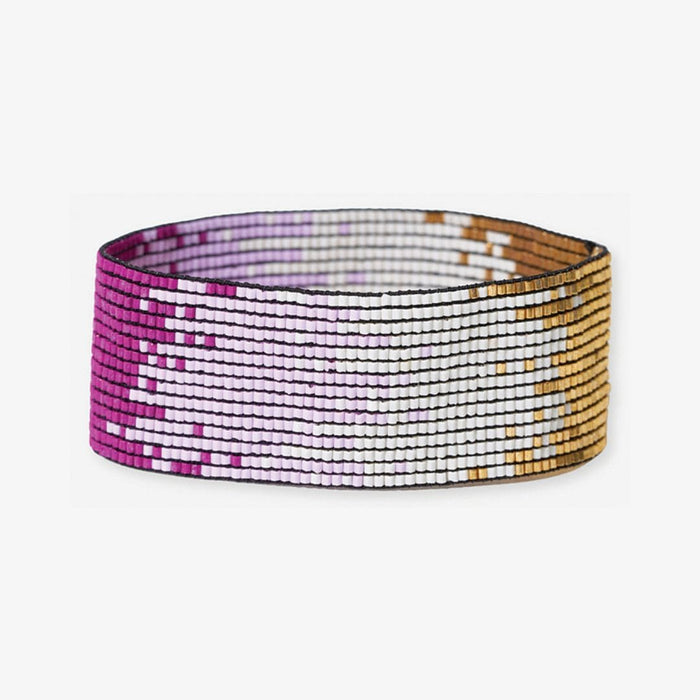 Magenta-to-gold ombre beaded stretch bracelet with wide cuff design