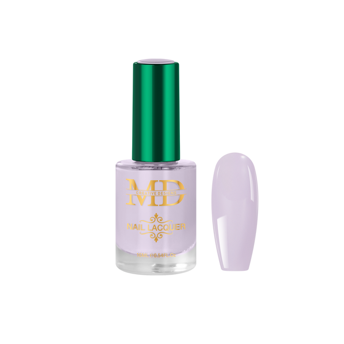 Nail polish bottle with green cap and gold text on a white background
