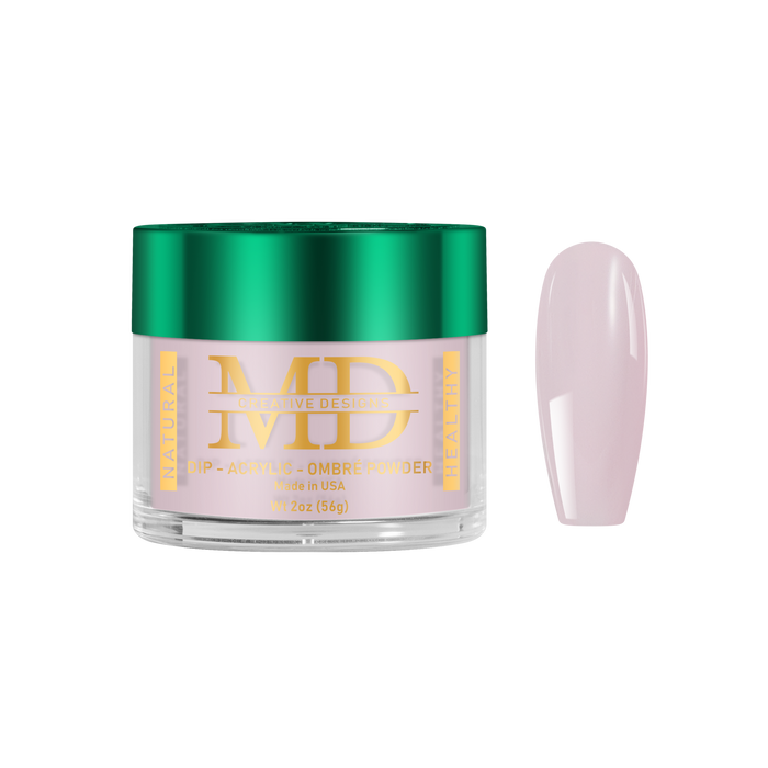 Jar of MD powder with a green lid and gold text, next to a light pink nail tip color swatch on a white background.