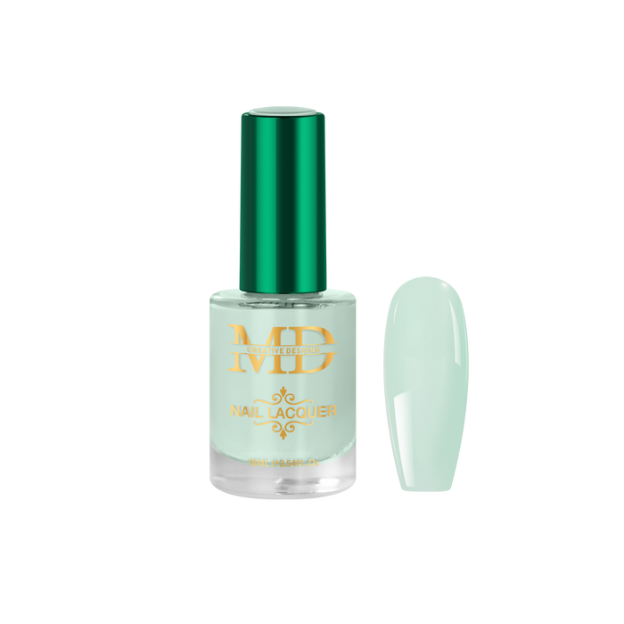 Nail polish bottle with green cap and light green nail tip color swatch on a white background