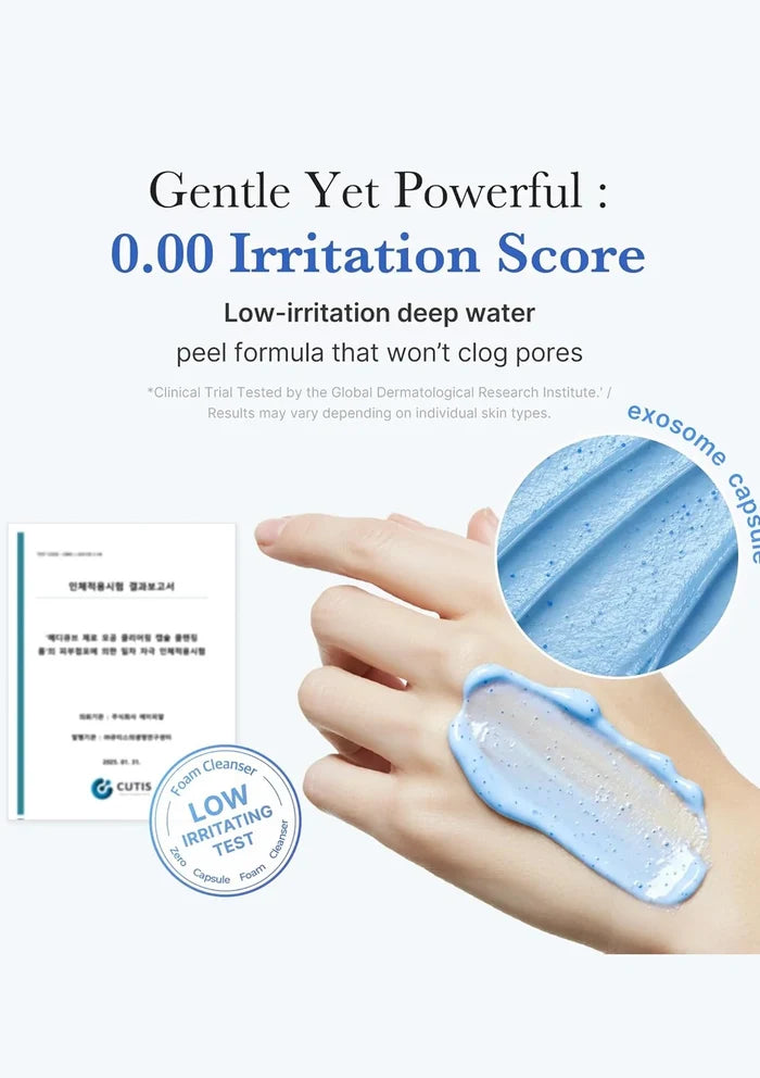 Product advertisement for a gentle yet powerful skincare solution with a hand holding the product and text about its low irritation score.