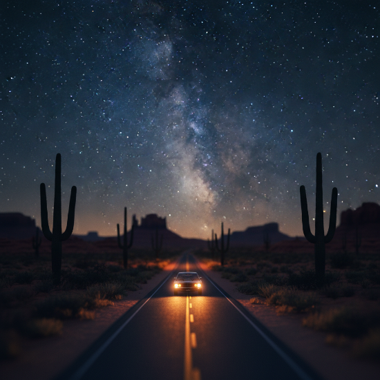 Car on a desert road under a starry sky with the Milky Way.