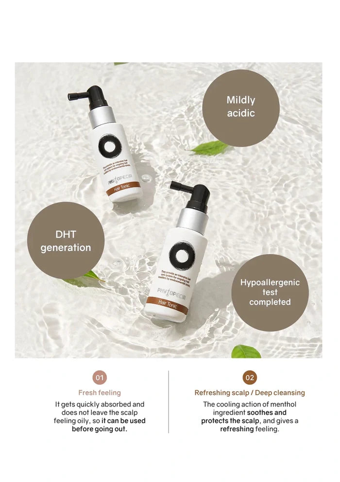 Two bottles of hair care products on a textured white background with descriptive text.