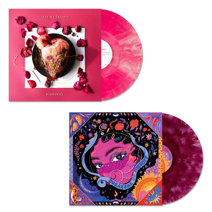 Two pink marbled vinyl records: Pinkshiftโs โlove me foreverโ (Pink Galaxy Vinyl, cover features a heart with rose petals) and โBreakersโ (vivid cover with illustrated female face and patterns).
