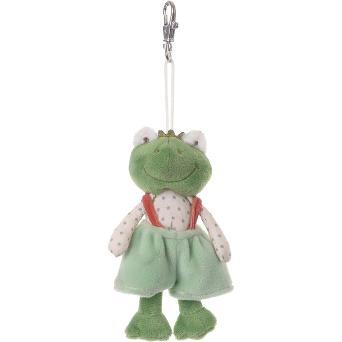 Frog plush keychain with light green dress and white polka-dot sleeves