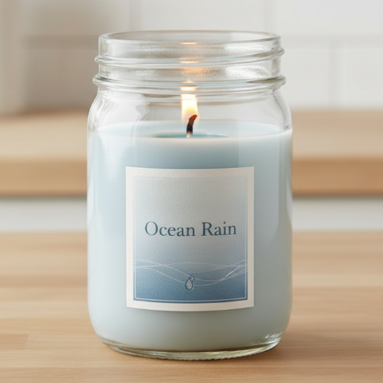 Candle in a glass jar on a wooden surface with a blurred background