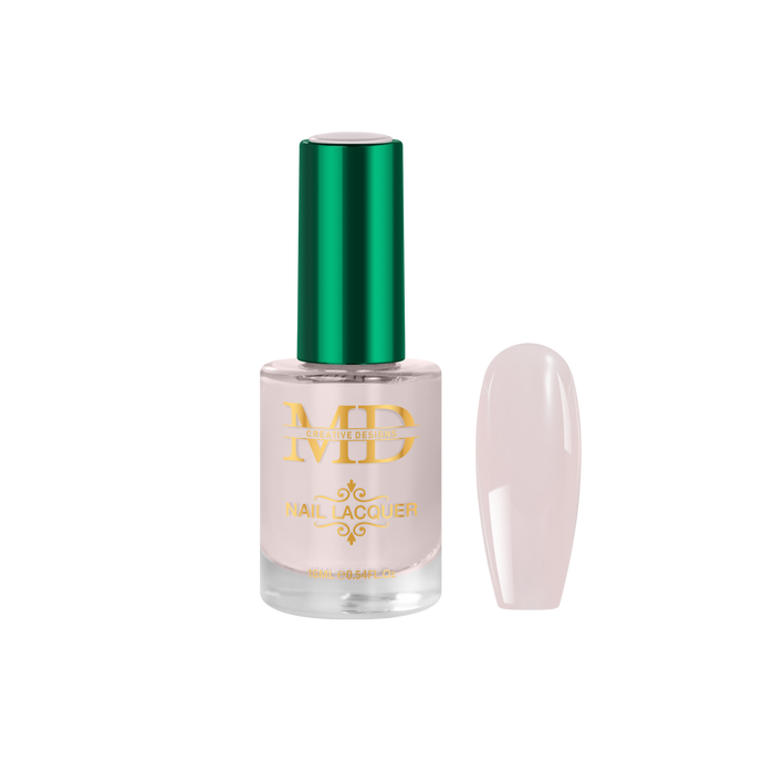 Nail polish bottle with green cap and gold text on a white background