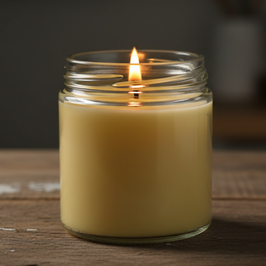 Candle in a glass jar on a wooden surface with a blurred background