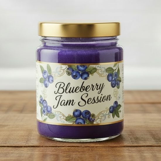 Jar of 'Blueberry Jam Session' jelly on a wooden surface with a kitchen background.