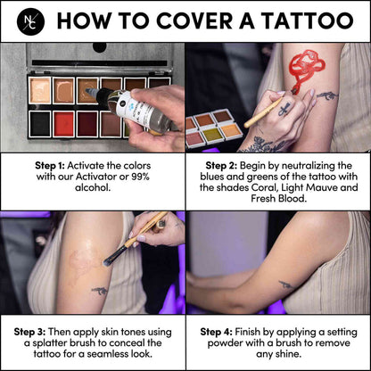How to Cover a Tattoo step-by-step guide using the 12-Color Tattoo Cover-Up Palette
