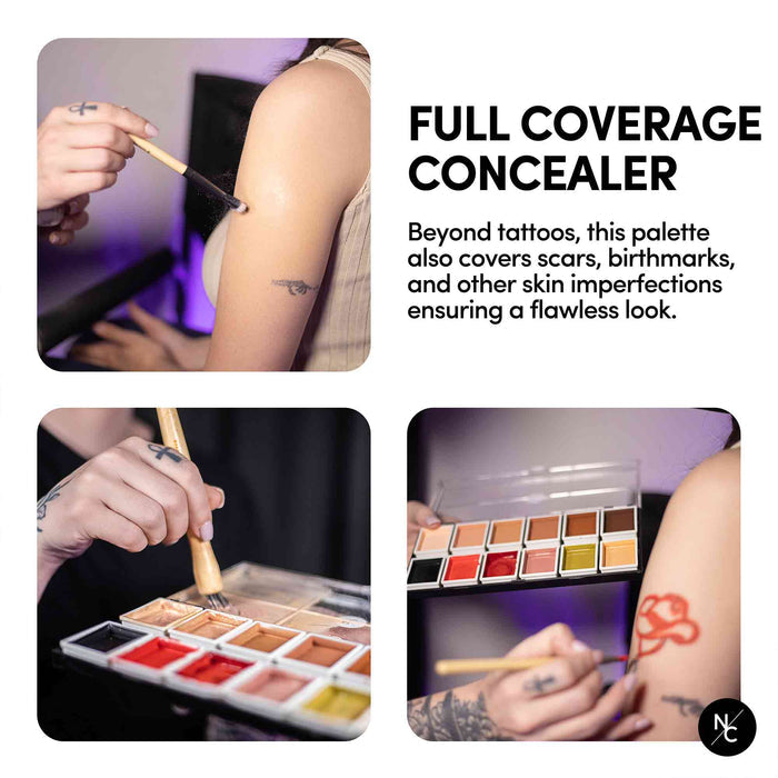 Full Coverage Concealer guide demonstrating tattoo cover-up application