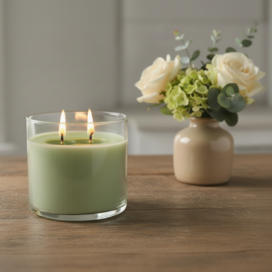 Green candle in a glass holder with a vase of flowers on a wooden surface