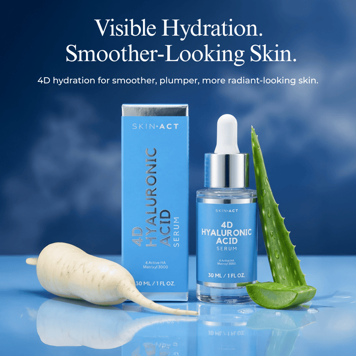 Skinact 4D Hyaluronic Acid Serum with aloe vera leaf and white radish on a blue background