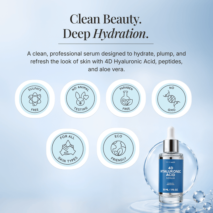 Skincare serum bottle with certification icons and product description on a light blue background