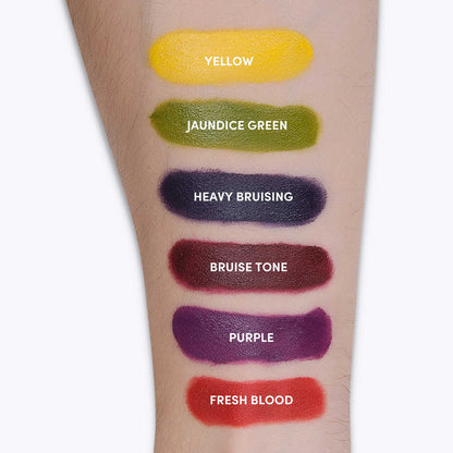 Bruise Wheel swatches on arm labeled Yellow, Jaundice Green, Heavy Bruising, Bruise Tone, Purple, Fresh Blood