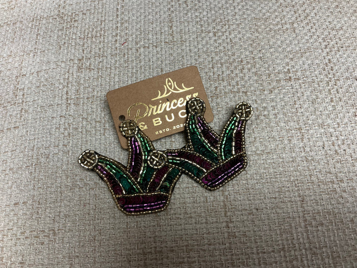 Colorful Mardi Gras Jester earrings by Camel Threads featuring festive jester face designs on silver hooks.