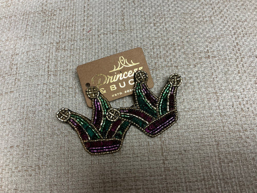 Colorful Mardi Gras Jester earrings by Camel Threads featuring festive jester face designs on silver hooks.