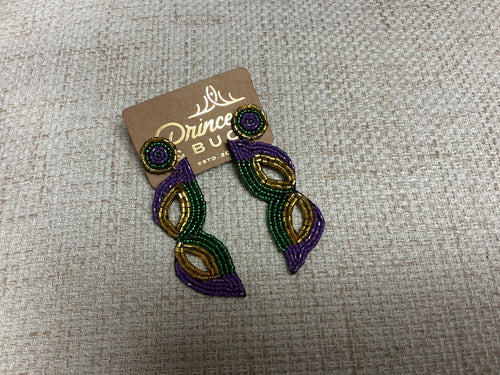 Gold Mardi Gras mask earrings by Camel Threads featuring colorful, festive design and lightweight dangle style.