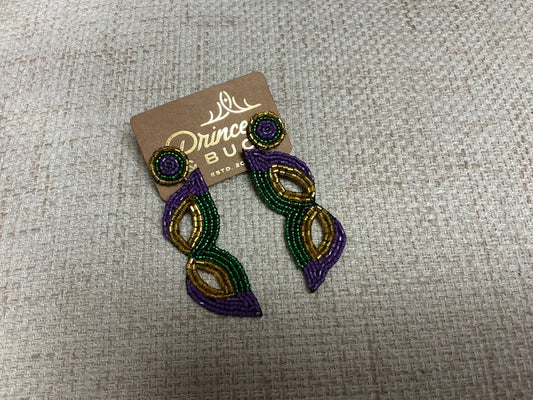 Gold Mardi Gras mask earrings by Camel Threads featuring colorful, festive design and lightweight dangle style.