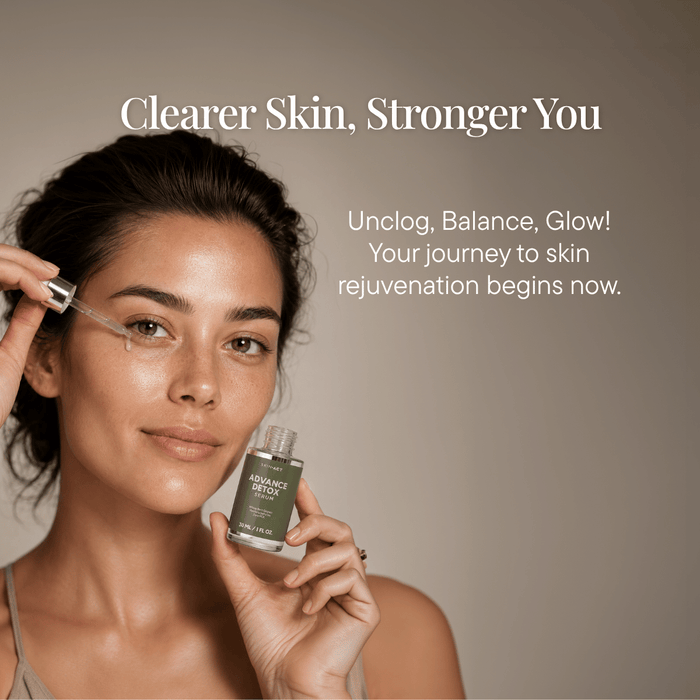 Woman holding a skincare bottle with text about skin rejuvenation on a beige background