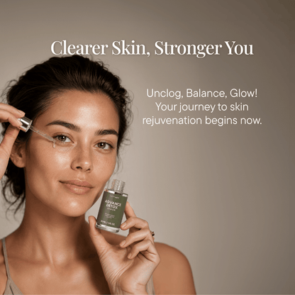Woman holding a skincare bottle with text about skin rejuvenation on a beige background