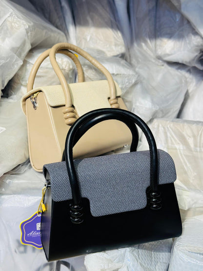 Alina Mini Top Handle Bag | Denim Tweed Flap | Tubular Arch Handle | Black Hardware | Black | Women