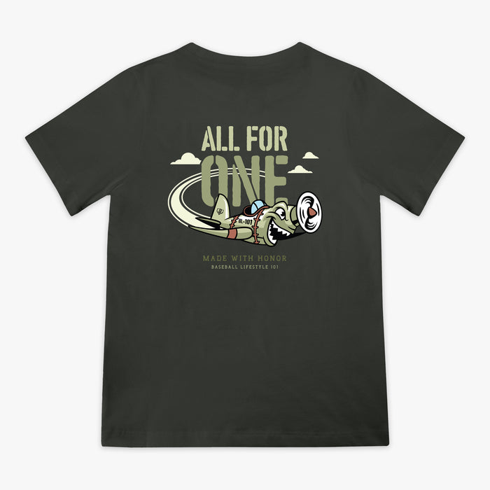 Youth Dark Grey T- shirt with green cartoon airplane graphic and lettering that says 'ALL FOR ONE Made with honor Baseball Lifestyle 101'