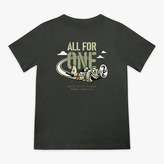 Youth Dark Grey T- shirt with green cartoon airplane graphic and lettering that says 'ALL FOR ONE Made with honor Baseball Lifestyle 101'