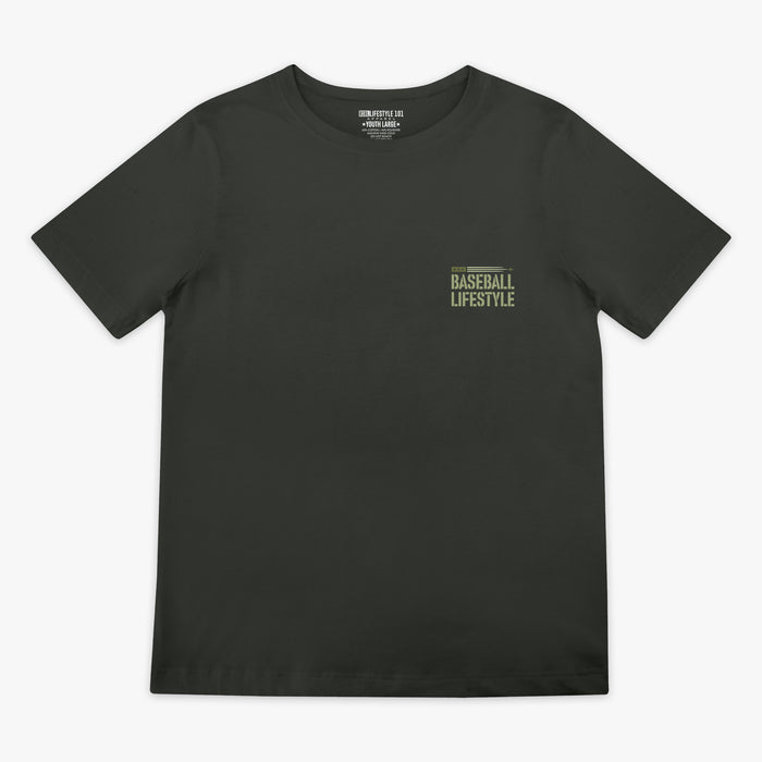 Youth Dark Grey T- shirt with green lettering that says 'BASEBALL LIFESTYLE' in the top right corner