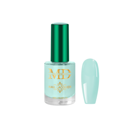 Light blue nail polish bottle with green cap on a white background