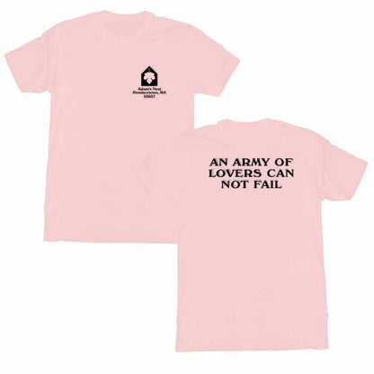 Pink t-shirt with text and logo on a white background