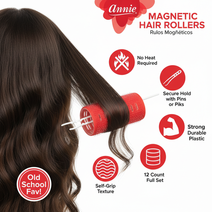 Annie Magnetic Hair Rollers 1 1/2 Inch, 12 Count, Red