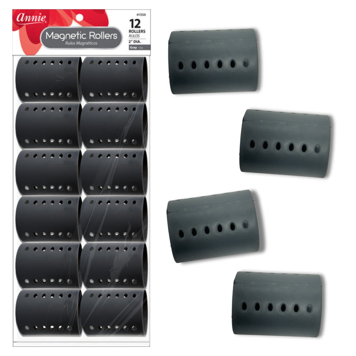 Annie Magnetic Hair Rollers 2 Inch, 12 Count, Gray