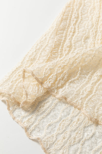 Apricot Flounced Long Sleeve Mock Neck Sheer Lace Top