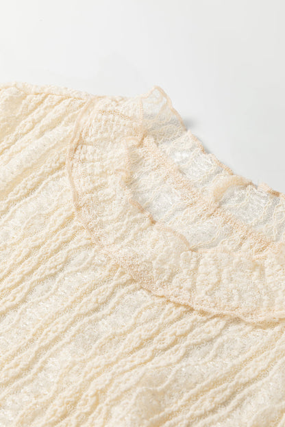 Apricot Flounced Long Sleeve Mock Neck Sheer Lace Top
