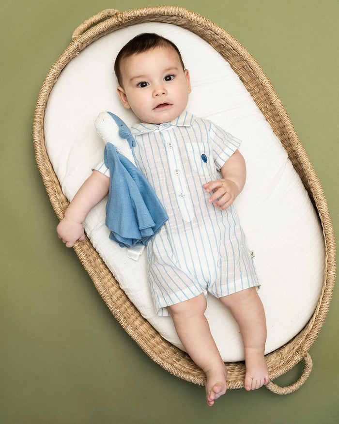 Aqua Embroidered Baby Romper (Organic) with Blue Whale Lovey toy
